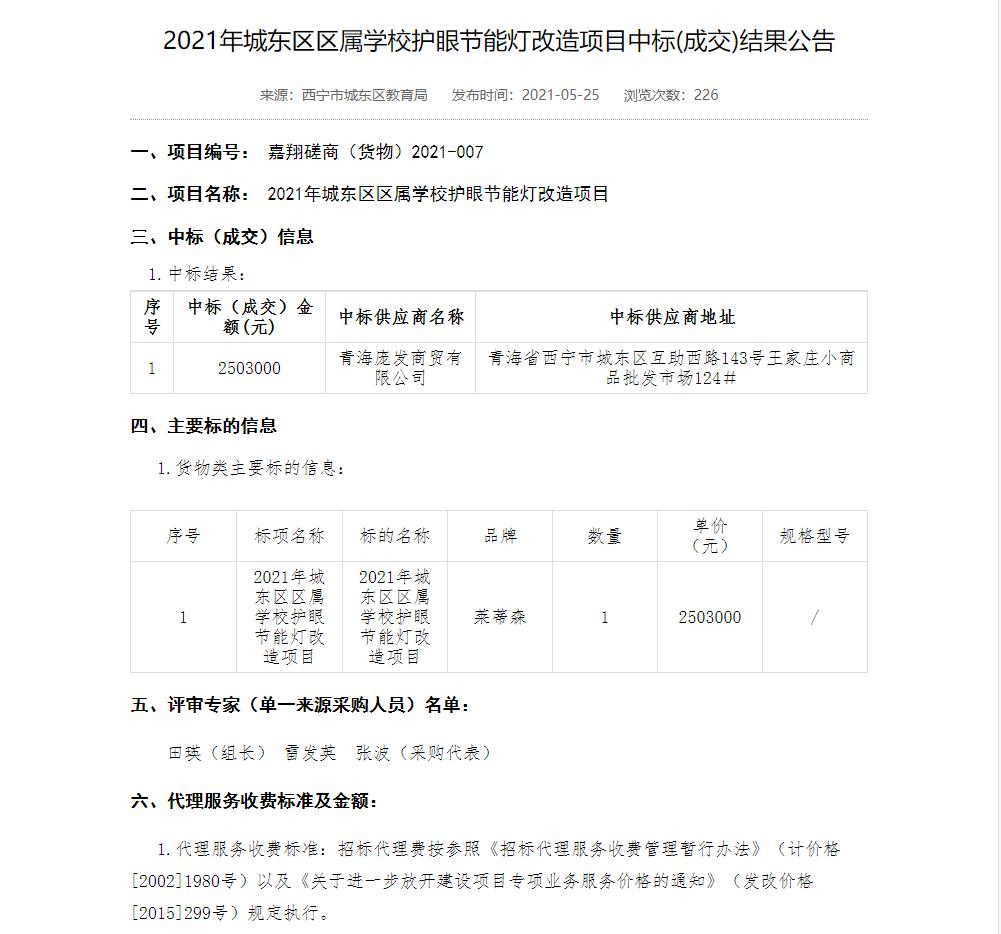 青海西甯市城(chéng)東區(qū)護眼燈改造項目